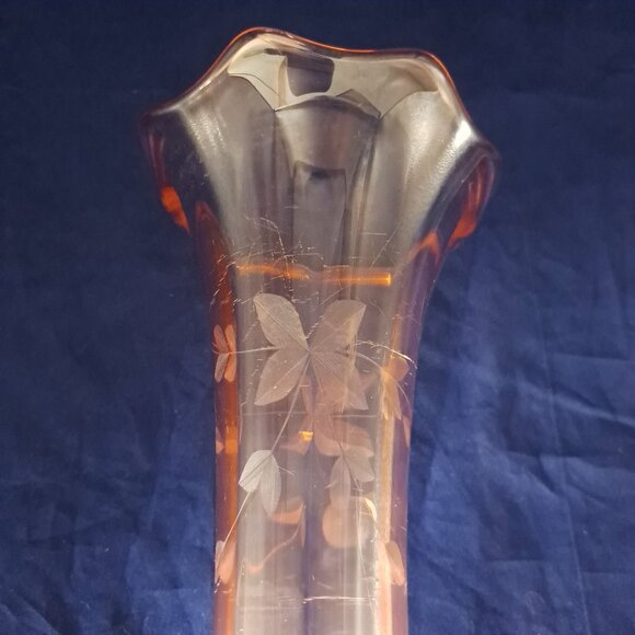 Vintage Pink Depression Glass Vase Etched Floral Design Fluted Rim - Picture 8 of 16